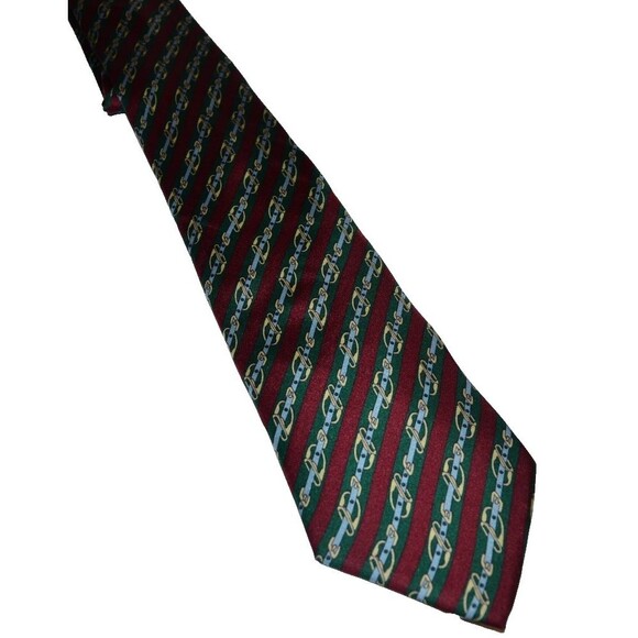 Vintage Hermes Green red Equestrian Horse bit Tie 100% Silk Made in France - Picture 1 of 7